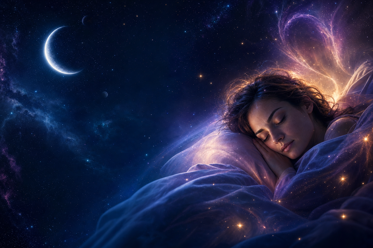 A woman sleeping peacefully under soft moonlight