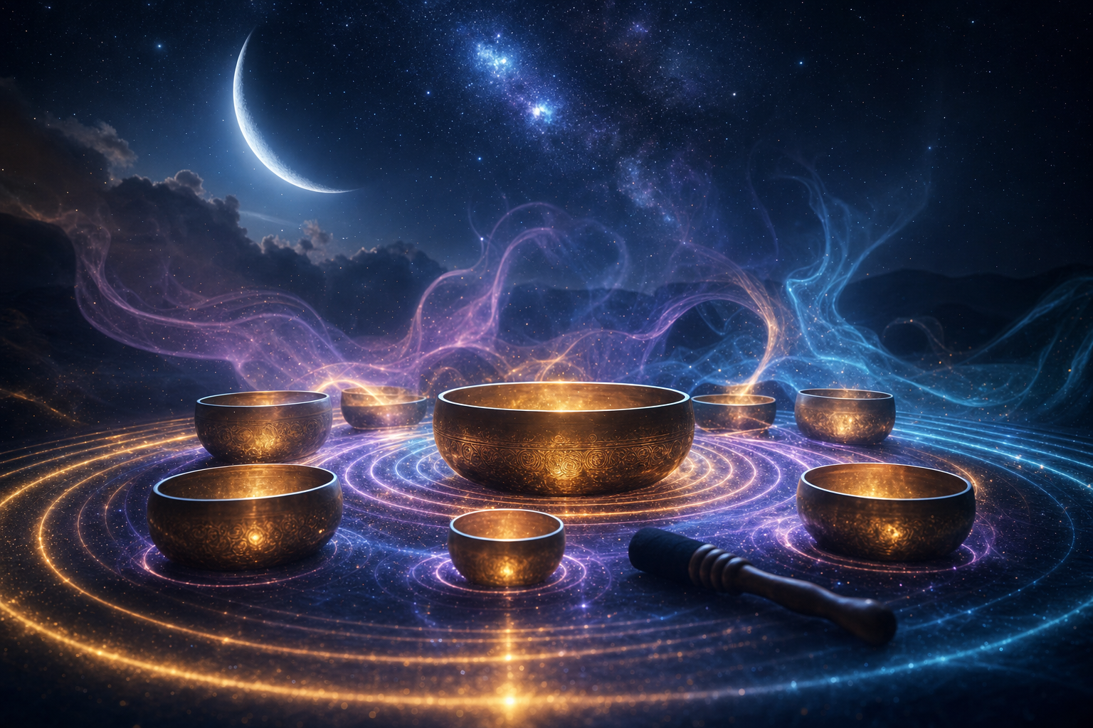 Singing bowls in warm candlelight